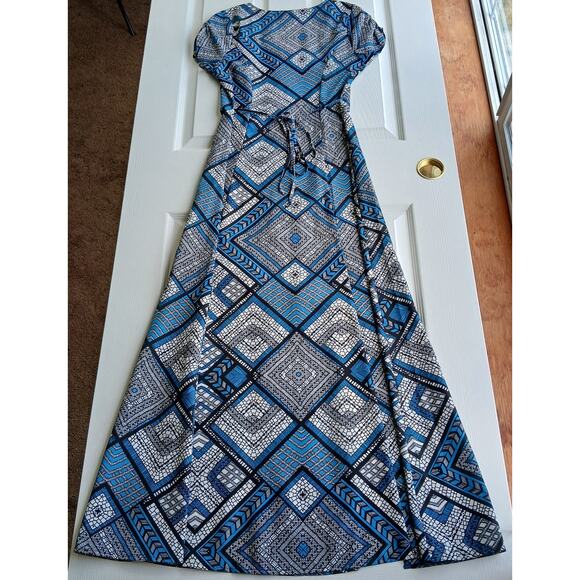 Fire Los Angeles Blue Button-up Maxi Dress M deep slits black mosaic waist tie - Picture 14 of 14
